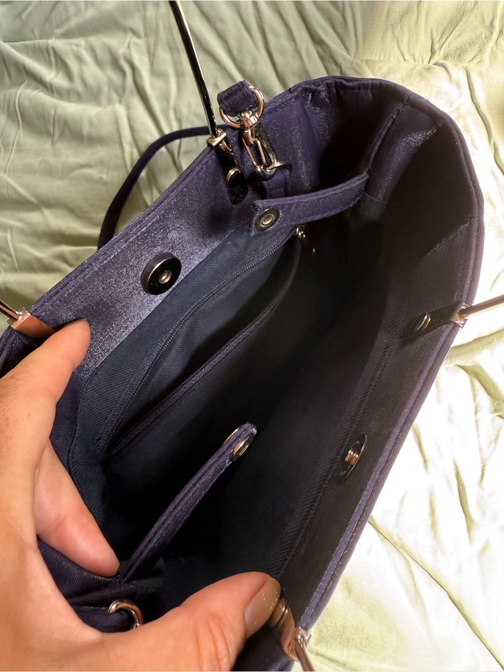 Structured Navy Shoulder Bag with Silver Tone Handles - Picture 5 of 9